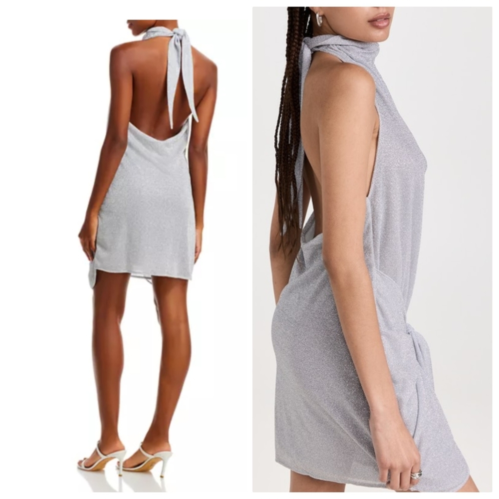 Nwt Baobab Providencia Silver Metallic Goddess Lurex Soft Wrap Halter Dress Xs S - Picture 3 of 10